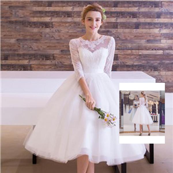 Cute Short White Lace Round Neck Half Sleeve See Through Tulle Cute Short White Lace Round Neck Half Sleeve See Through Tulle Wedding Dresses