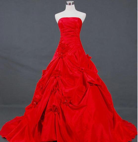 Charming Noble A Line Strapless Chapel Train Red Taffeta Pick Up Wedding Dresses Handmade Flowers Lace Up Strapless Wedding Gowns Bridal