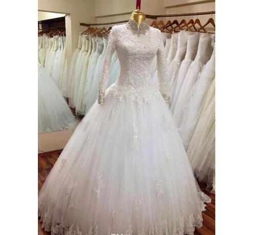 Long Sleeve High Necks 2018 Wedding Dressea Tulle Applique And Lace Beaded Wedding Dress