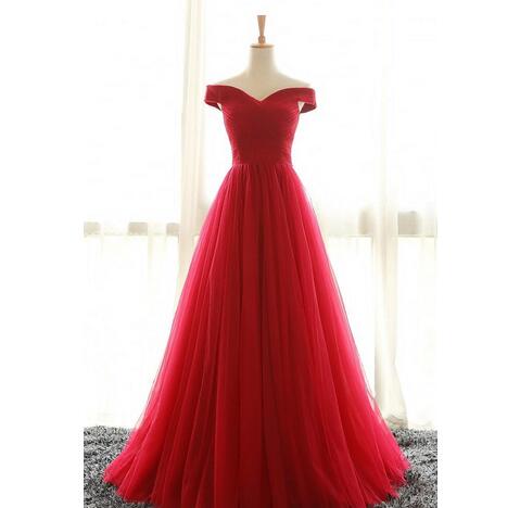 Off Shoulder Red Tulle Prom Party Dresses 2018 Sweep Train Pleated Plus Size Corset Formal Evening Gowns