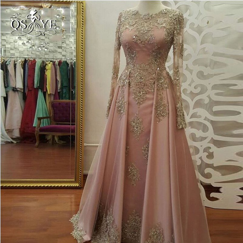 2018 Abendkleider Long Sleeve Evening Dress Long Prom Dresses With Gold Lace Beadings Floor Length Satin Formal Party Gown