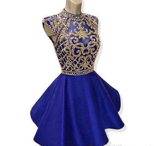 Sparkly Short Homecoming Dresses 2018 A-line High Neck Cap Sleeve Beaded Backless Royal Blue 8th Grade Graduation Dresses Prom Gowns