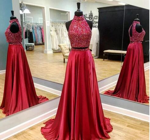 2017 Red Two Pieces Long Prom Dresses Sleeveless Heavily Beaded Top A-line Elegant Teens Girls Formal Prom Party Gowns Custom