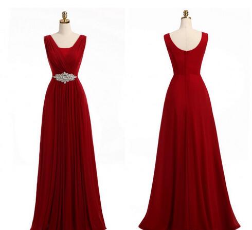 Red Bridesmaid Dresses A Line Sleeveless Crystal Belt Floor Length Chiffon Junior Country Bridesmaid Dresses Long Maid Of Honor Dress