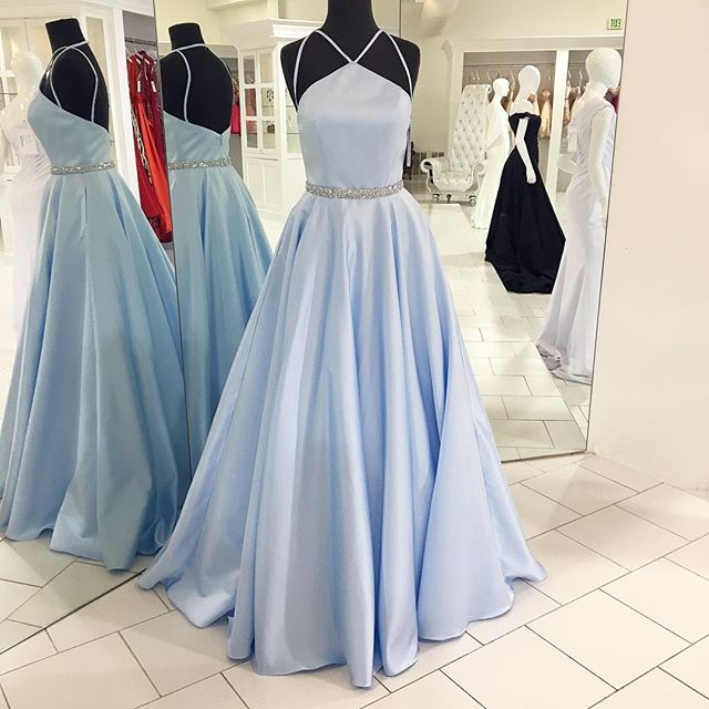 A-line Light Sky Blue Long Prom Dress, 2018 Long Light Sky Blue Prom Dress, Charming Straps Prom Dress, Graduation Dress