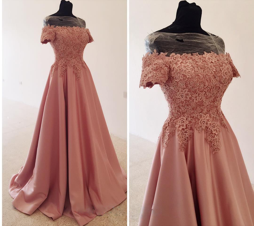 Off-the-shoulder Satin Prom Dress, Beaded Lace Long Prom Dress, Gentle A-line Evening Dress