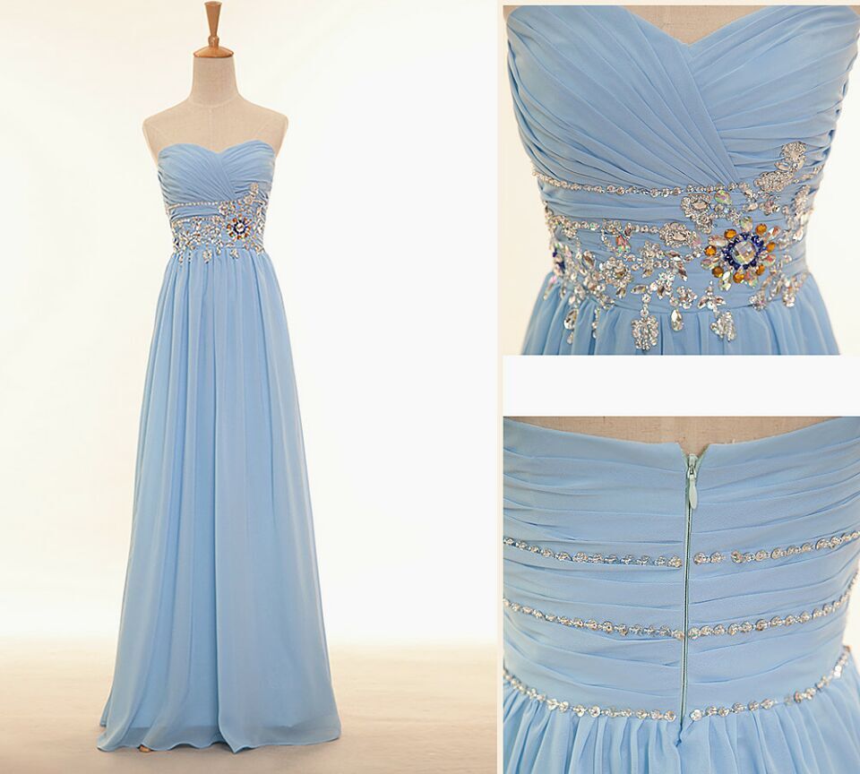 Beautiful Sweetheart Light Blue Chiffon Beaded Floor Length Prom Dresses, Beaded Party Dresses, Evening Dresses, Party Gowns
