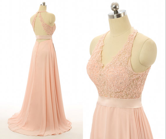 Blush Pink Halter Prom Dress, Backless Charming Prom Dress, Long Chiffon Prom Dress