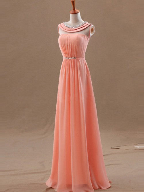 Lovely Style 2015 Coral A-line Floor Length Prom Dress With Round Line, Prom Dresses 2018, Evening Dresses, Handmade Formal Dress