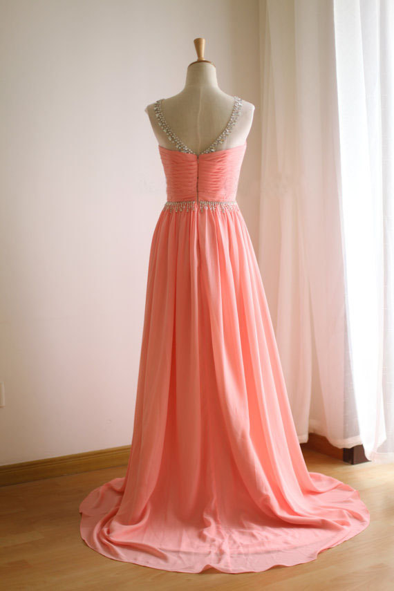 Handmade Coral Chiffon Round Neckline A Line Floor Length Prom Dresses With Beadings, Coral Chiffon Prom Dresses, Prom Dresses , Evening Gown