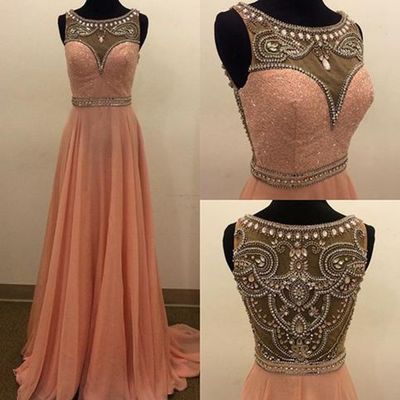 Pink A-line Prom Dress, Beading Long Prom Dress, Sleeveless Evening Gown