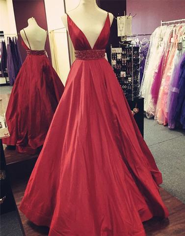 Backless Red Prom Dress, A-line Long Formal Dress, V Neck Stain Prom Dress