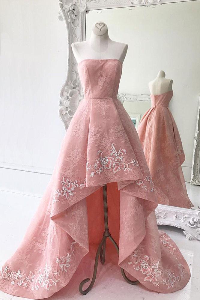 Pink Lace High Low Prom Dress, Pink Homecoming Dress