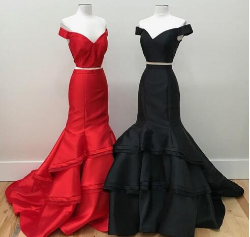 Designer Popular Prom Dresses Two Piece Mermaid Off The Shoulder Sleeveless Evening Dress Tiered Satin Sweep Train Special Occasion Dress