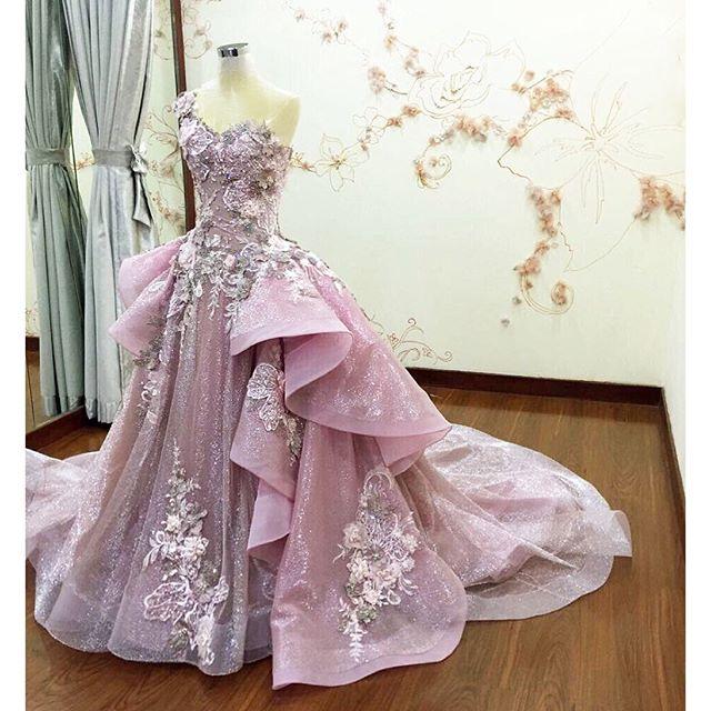 Real Image Prom Dresses Detachable Train Sheer Neck Ruffle Flower Applique Beads Evening Dress Spring Summer Crystal Luxury Pink Party Gowns