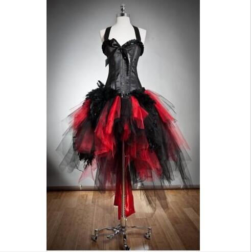 Gothic Red And Black Corset Prom Dresses Custom Size Feather And Tulle Burlesque Hi Lo Party Dress With Halter Neck 2018 Evening Gowns