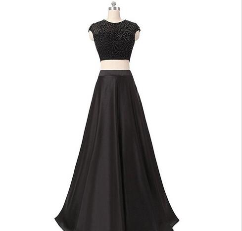 Black Two-piece Beaded Satin Long Evening Dress, Prom Dress