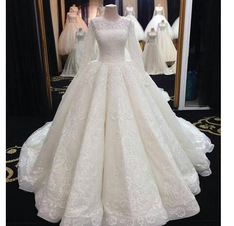 2018 Middle East Muslim Wedding Dresses Long Sleeves Applique Lace Wedding Gowns Custom Made Ball Gown Bridal Dress Plus Size