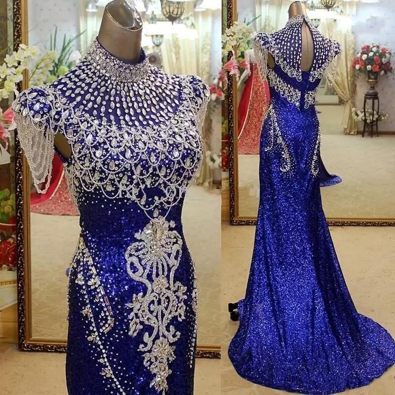 Royal Blue High Neck Mermaid Evening Dresses Party Elegant For Women Crystal Sequined Real Photos Red Carpet Celebrity Formal Gowns