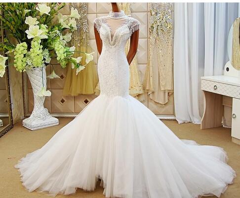 Luxury Mermaid Pearls Wedding Dresses High Neck With Beading Lace Romantic Wedding Bridal Gowns Court Train Back See Through Wedding Dress