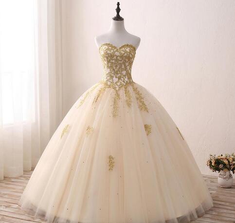 Real Images Gold Appliqued Ball Gown 2018 Quinceanera Dresses Sweetheart Tulle Floor Length Sweet 16 Dresses Custom Made