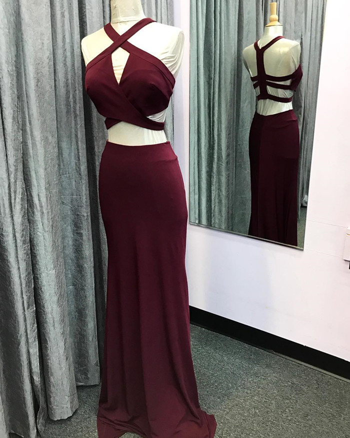 two piece burgundy dress