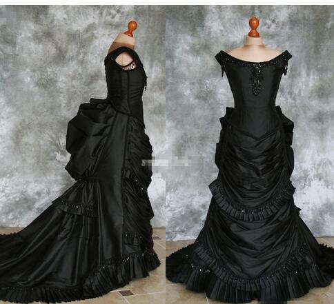 Black Gothic Wedding Dresses Off Shoulder Ruffles Crystals Chapel Train 2018 Costume Dress Lace Victorian Bridal Gowns Custom Made