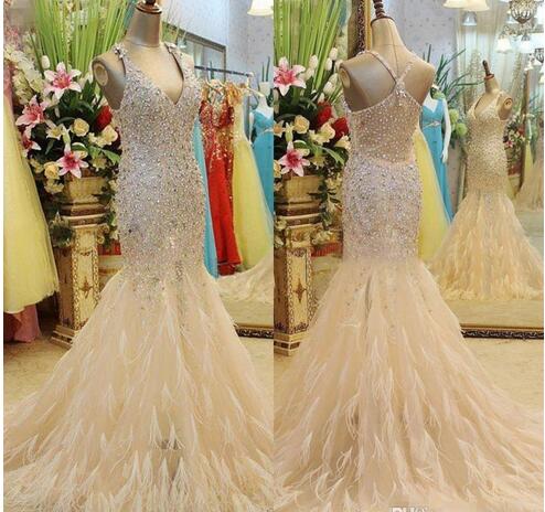 Luxury Crystal Feather Mermaid Bridal Evening Dresses 2018