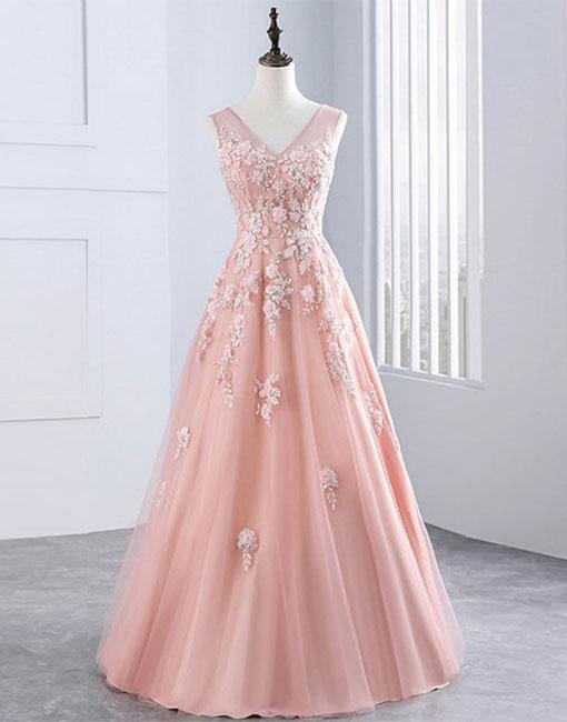 Pink V Neck Tulle Lace Long Prom Dress 