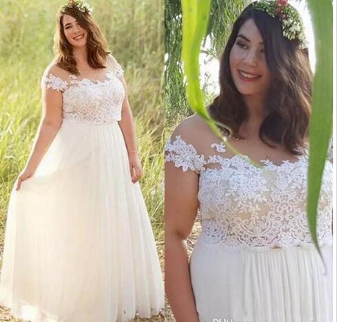 Plus Size Country Wedding Dresses 2018 Romantic Lace Sheer Neck