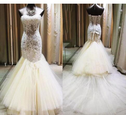 Real Picture Elegant Mermaid Lace Wedding Dresses Strapless Sweep Train Wedding Gowns Plus Size 2018 Beach Robes De Mariée