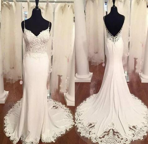 Romantic White Mermaid Wedding Dress Spaghetti Strap Lace Appliques Backless Garden Bridal Gowns Vestidos De Noiva Boho Wedding Dress