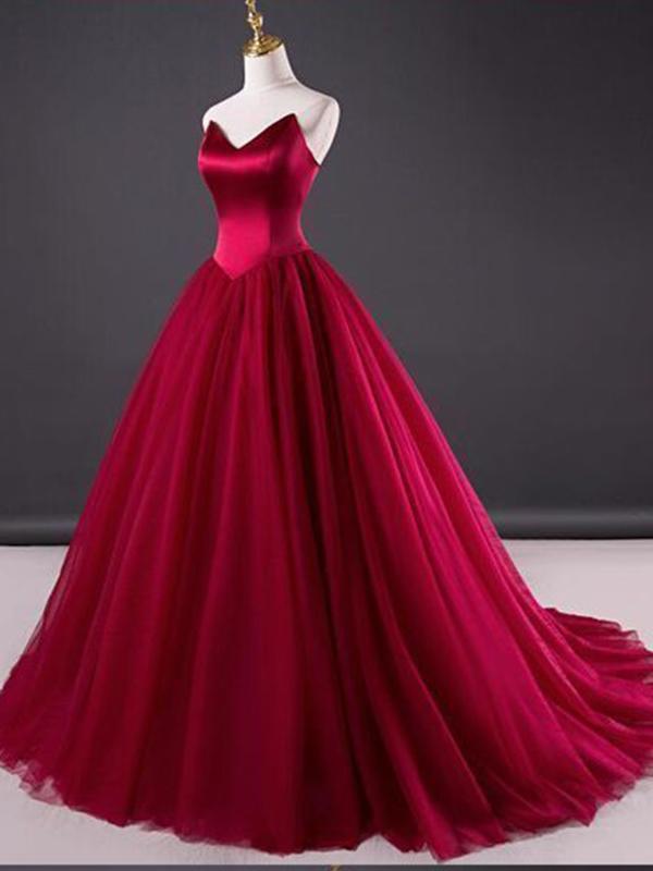 Burgundy Satin Sweetheart Floor Length Tulle Prom Gown Featuring Lace-up Back And Train