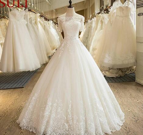 2018 Off The Shoulder Lace Applique Wedding Dress Ball Gowns Beaded Half Sleeves Real Photos Lace-up Back Vestido De Noiva Bridal Dress