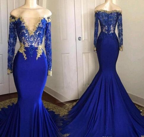 Actual Picture Blue And Gold Mermaid Formal Evening Dress 2018 Bateau Lace Applique Zipper Sweep Train Arabic Muslim Prom Pageant Gown