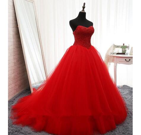 Red Beaded Embellished Sweetheart Floor Length Tulle Prom Gown, Quinceanera Gown