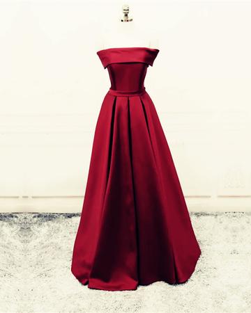 Burgundy Satin Off-the-shoulder Floor Length A-line Prom Dress Featuring Lace-up Back