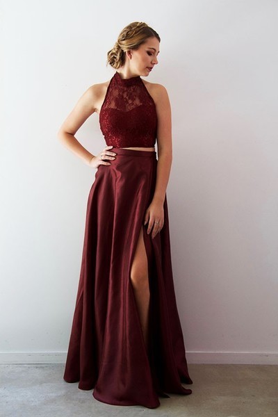 high neck maroon dress