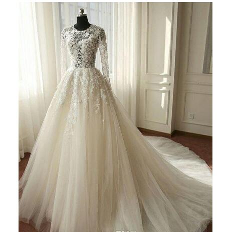 Elegant A-line Wedding Dress 2018 Summer Scoop Chapel Train Tulle 3d Lace Appliques Long Sleeves Zipper-up Bridal Gowns Custom Made