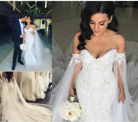 Exquisite Pearls Lace Mermaid Wedding Dresses With Cape Plus Size