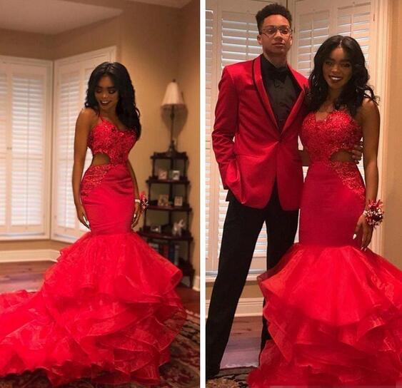 2018 African Black Girl Prom Dresses Sexy Cutaway Lace Appliques