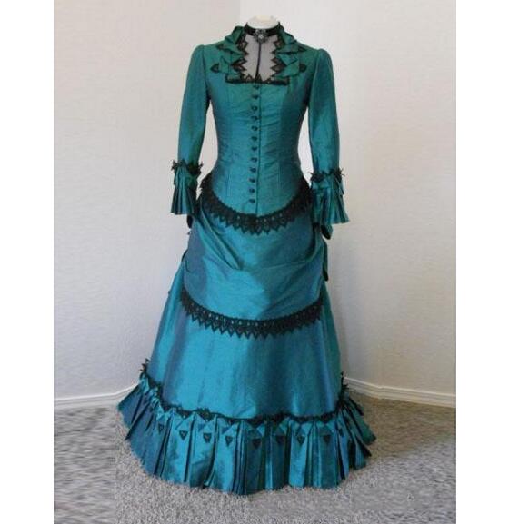 Custom Made Actual Image Turquoise Black Gothic Wedding Dresses With Long Sleeves Lolita Victorian Girl Party Dress Bridal Gowns Plus Size