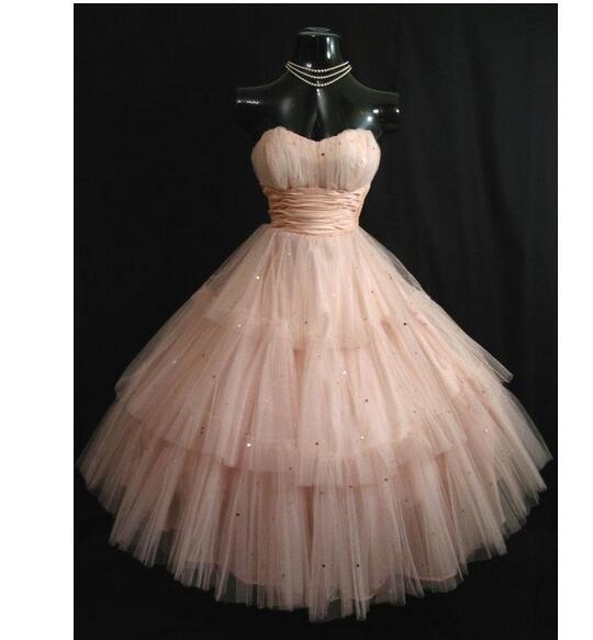 Vintage 50's Shell Pink Prom Dresses Strapless Layered Tulle Sequins Tea Length Short Homecoming Dress Ball Gown Wedding Party Gowns