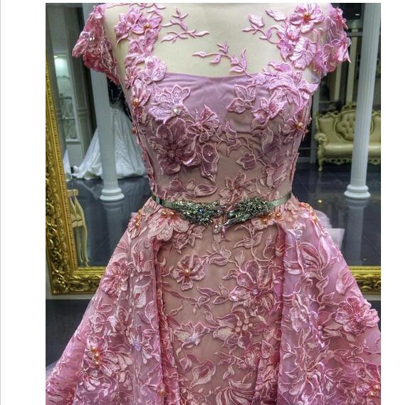 Detachable Train Prom Dress 2019 Luxury Pink Mermaid Lace Appliqued Formal Evening Gowns Short Sleeve Jewel Neckline Party Dress
