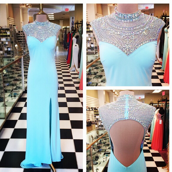 Turquoise Mermaid Satin Prom Dresses High Neck Beading Crystals Evening Dresses Party Gowns Vestidos