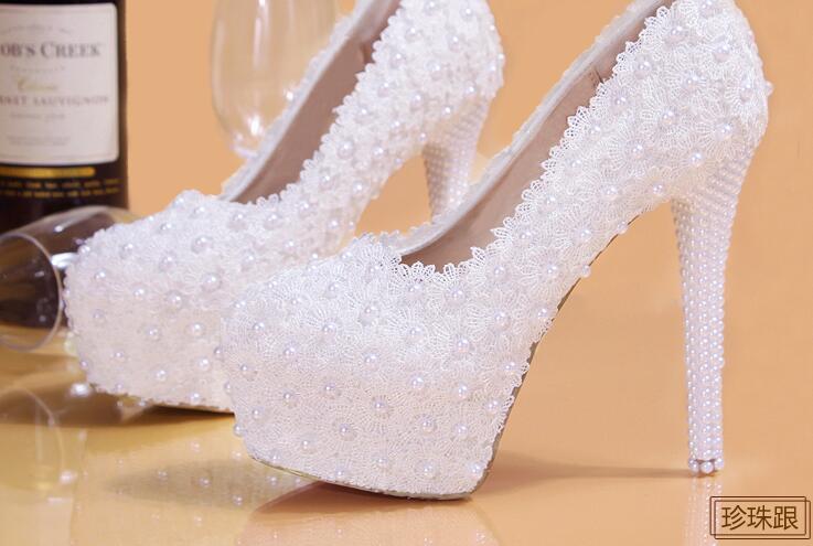 Women Shoes, Ladies Pearls Wedding Shoes, Waterproof Platform Bridal Shoes, High-heeled Lace Shoes Pumps