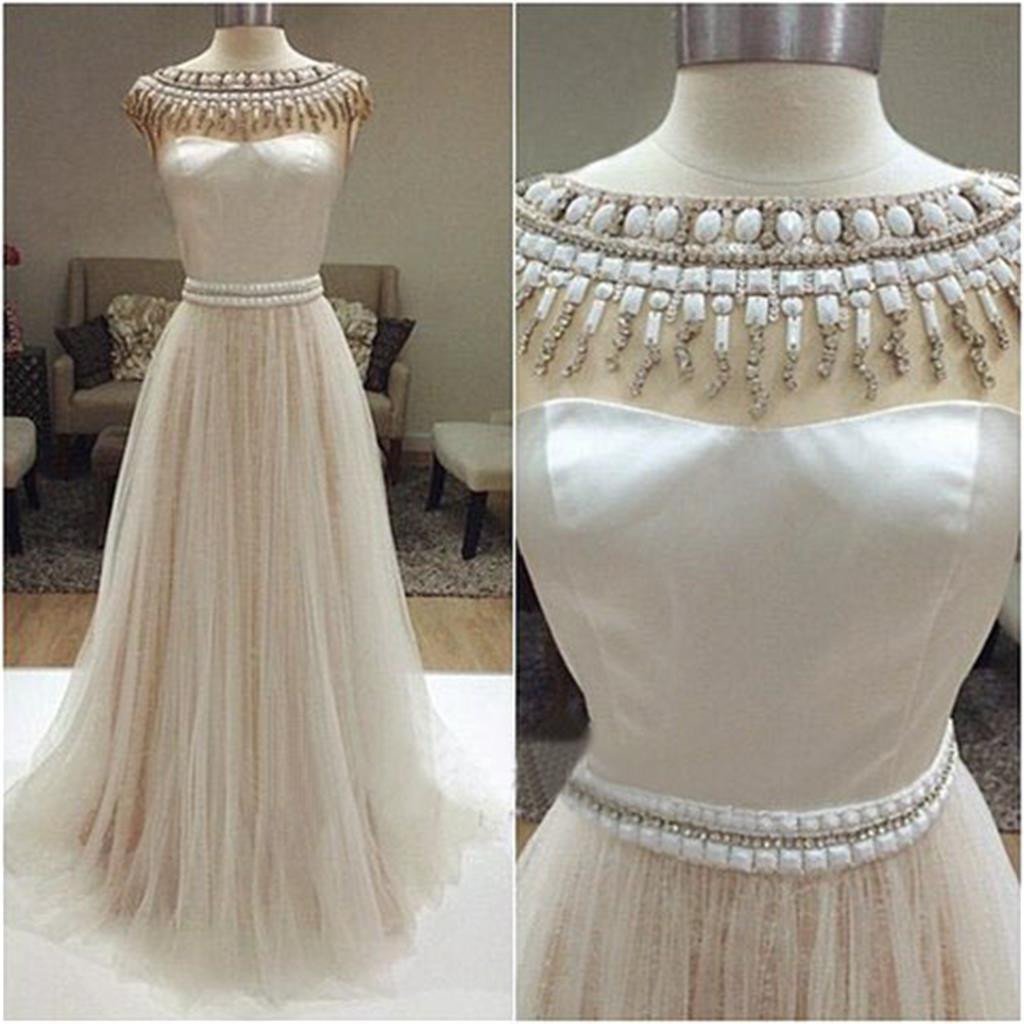 Long Ivory Prom Dresses, Charming Beaded Wedding Dresses, Tulle Prom Dresses
