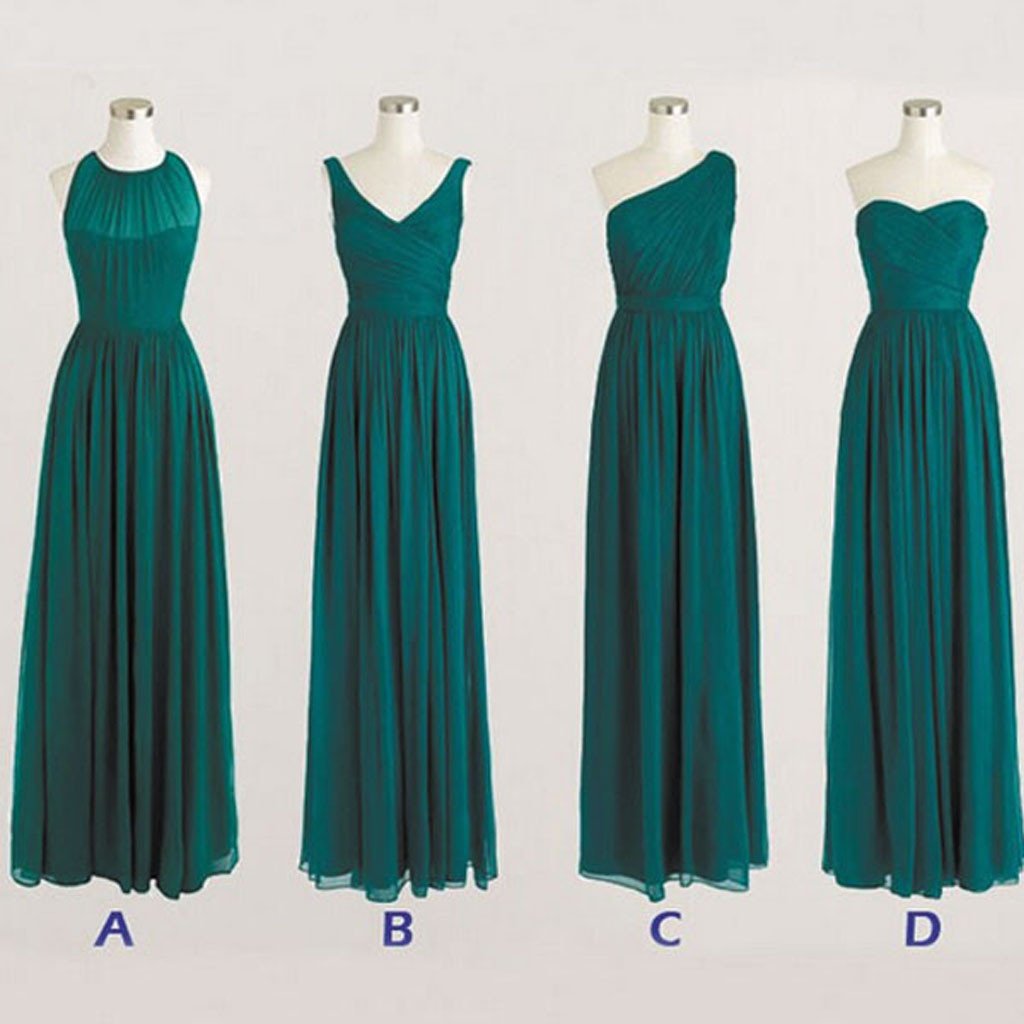 Simple Mismatched Styles Chiffon Floor-length Formal Long Teal Green Bridesmaid Dresses