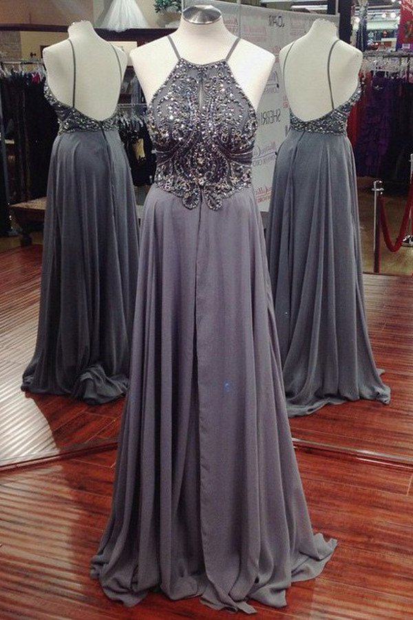A-line Long Chiffon Beaded Prom Dress Evening Dresses With Backless