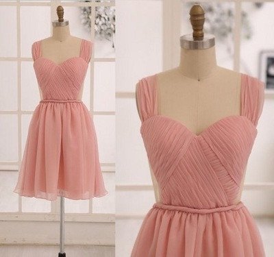 Pink Sleeveless Sweetheart Ruched Chiffon Short Bridesmaid Dress, Homecoming Dress Featuring Open Back